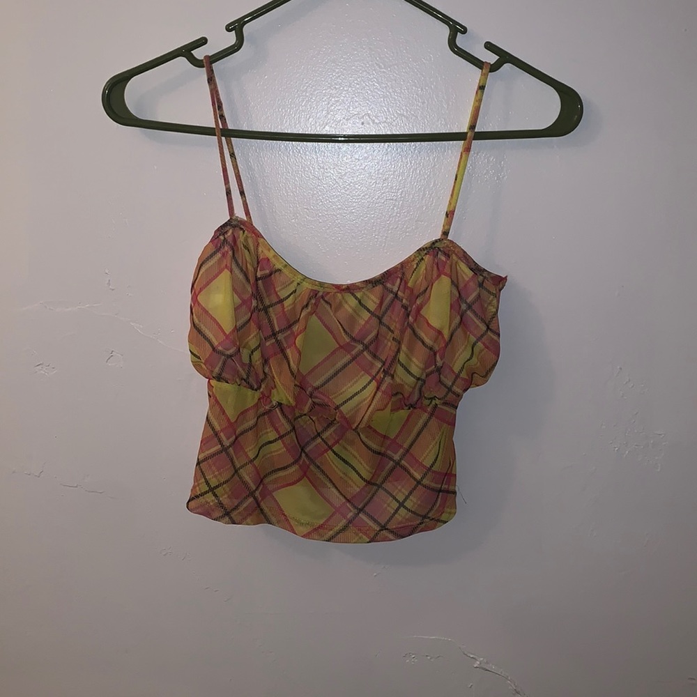 Yellow pink and gray spaghetti string crop top from fashion nova. Size Large